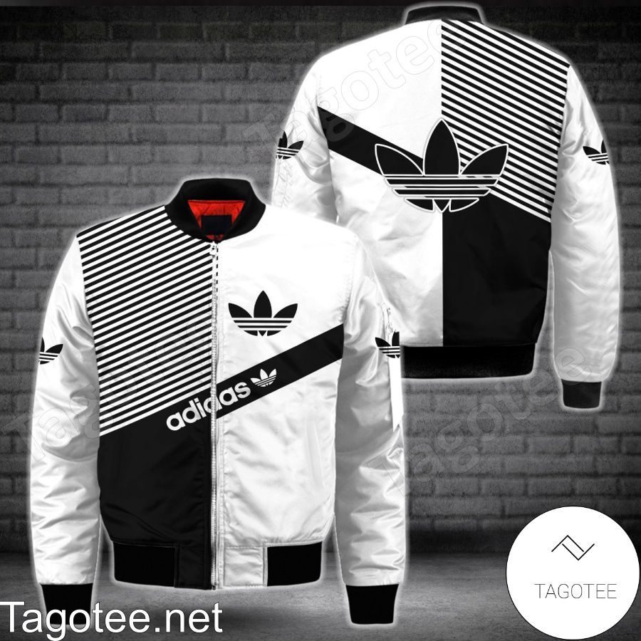 Adidas Black And White With Diagonal Stripes Bomber Jacket