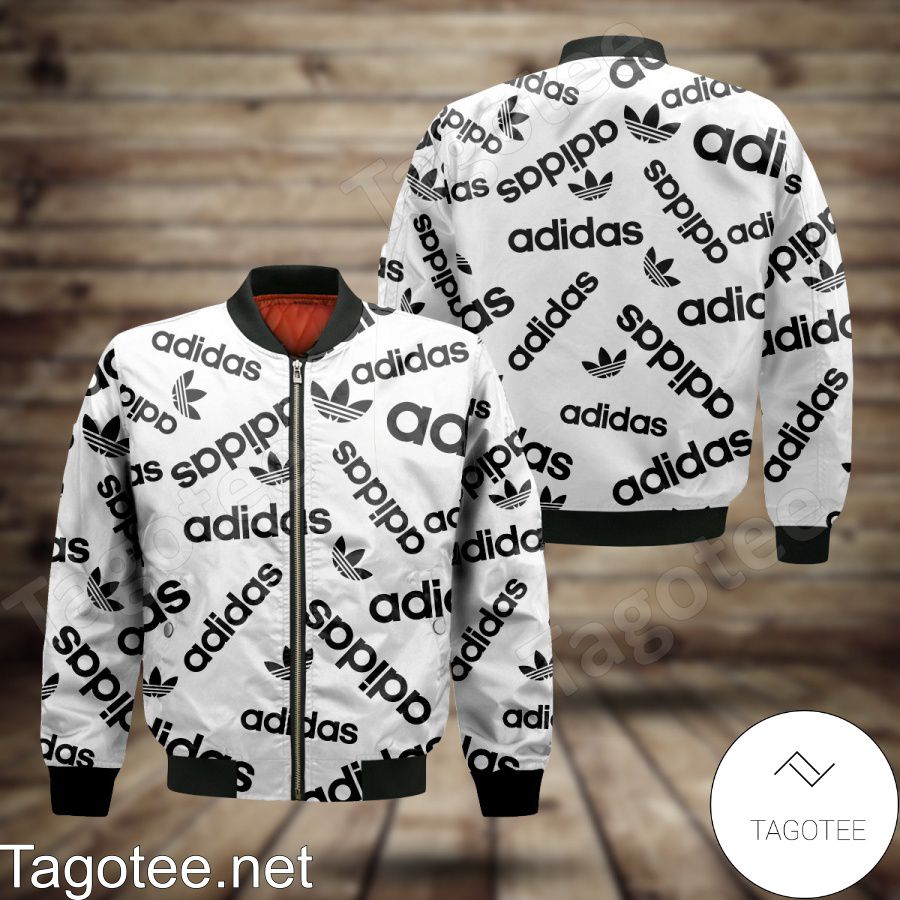 Adidas Brand Name And Logo Full Print White Bomber Jacket