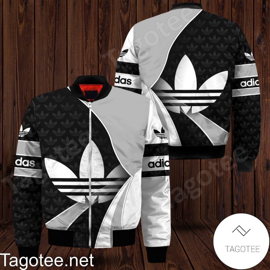 Adidas Logo Full Print Curves Black White Grey Bomber Jacket