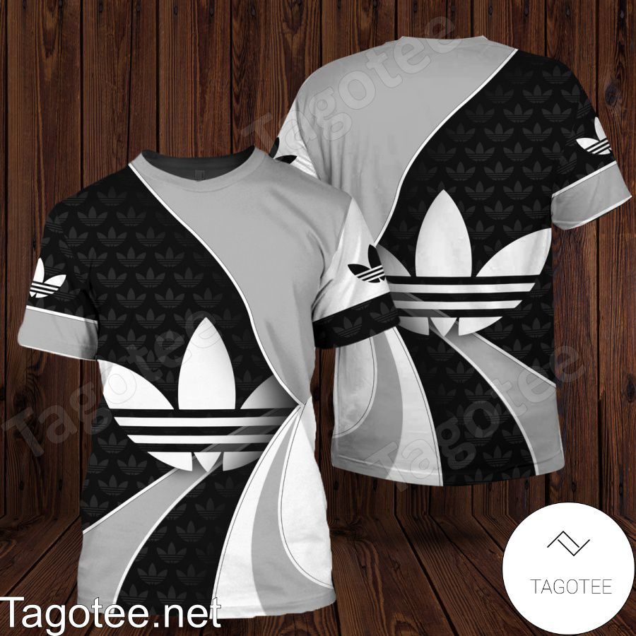 Adidas Logo Full Print Curves Black White Grey Shirt