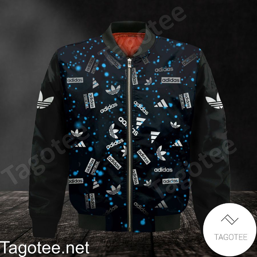 Adidas Logo Print Blue Particles On Black Bomber Jacket