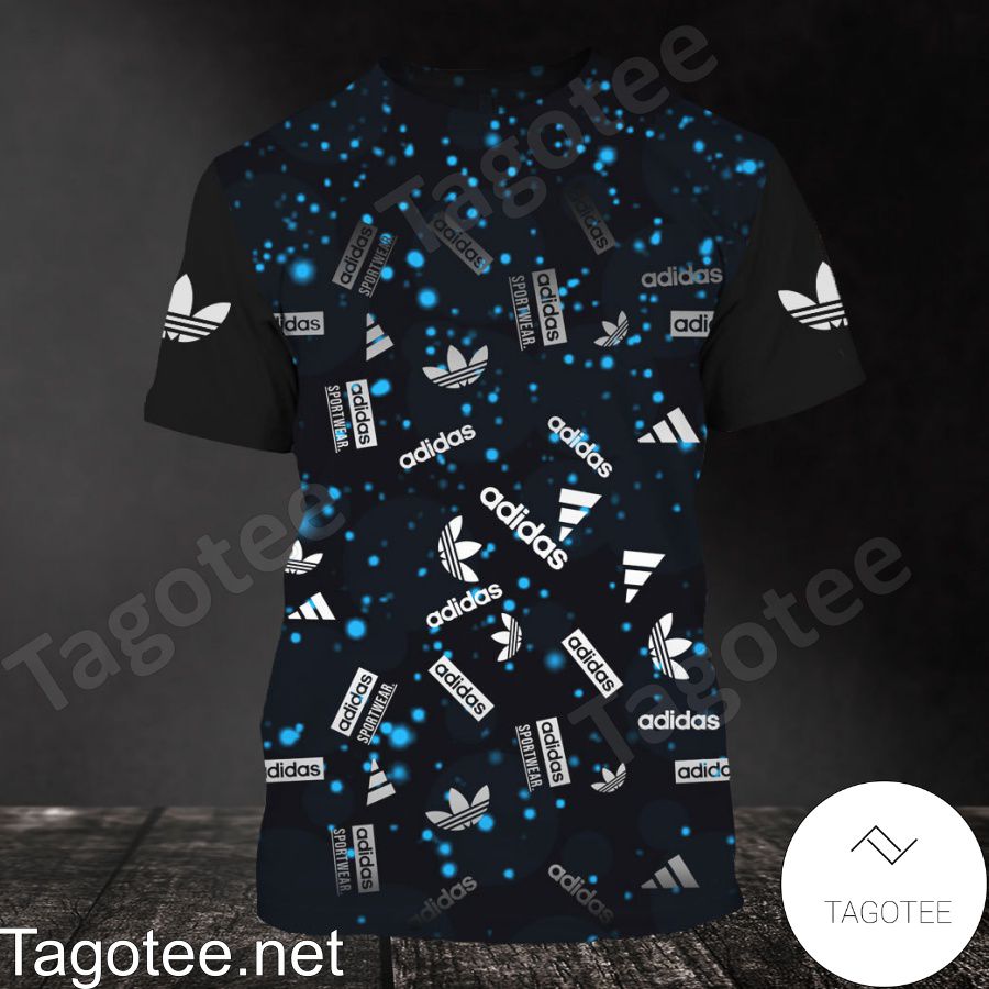 Adidas Logo Print Blue Particles On Black Shirt