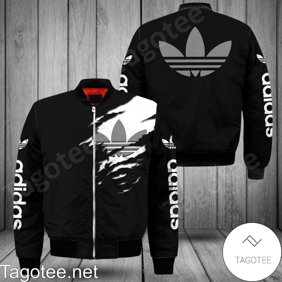 Adidas Logo Torn Ripped Black Bomber Jacket