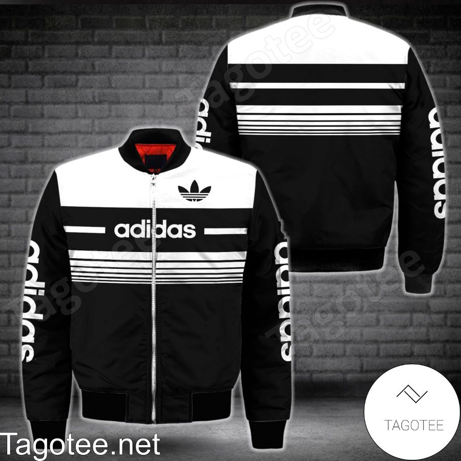 Adidas Luxury Black With White Horizontal Stripes Bomber Jacket