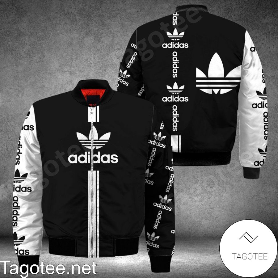 Adidas Luxury Brand Name And Logo Black Mix White Bomber Jacket