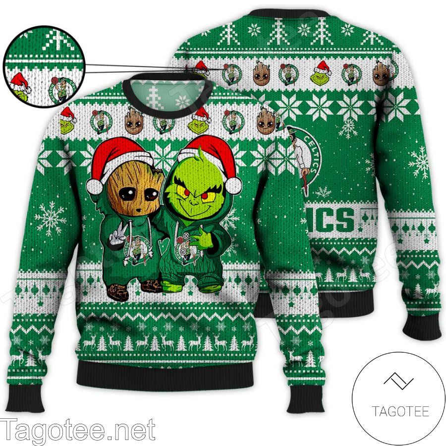 Boston Celtics Baby Groot And Grinch NBA Ugly Christmas Sweater