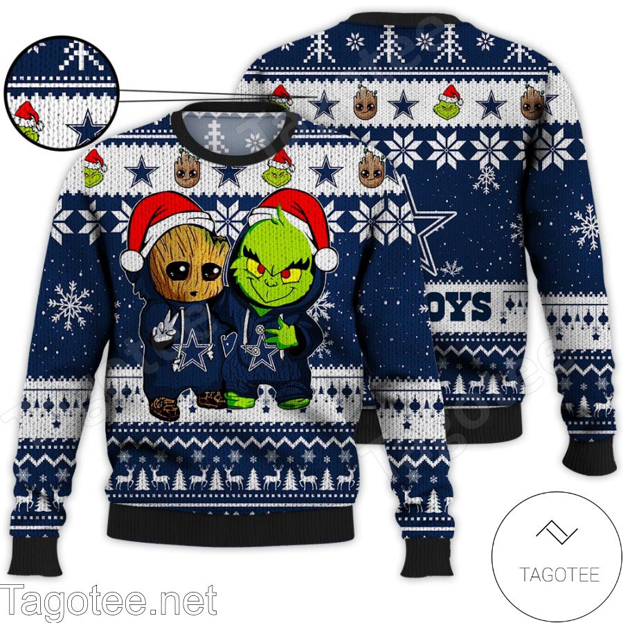 Dallas Cowboys Baby Groot And Grinch NFL Ugly Christmas Sweater - Tagotee