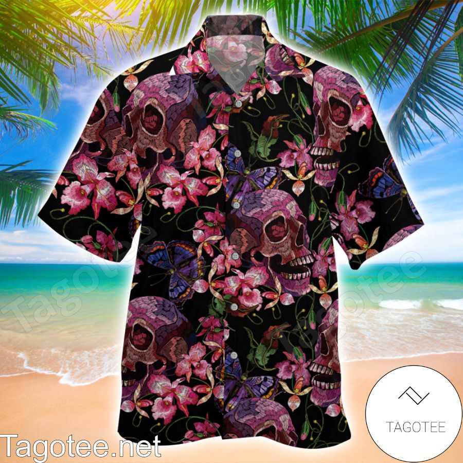 Embroidery Skull Flower Hawaiian Shirt