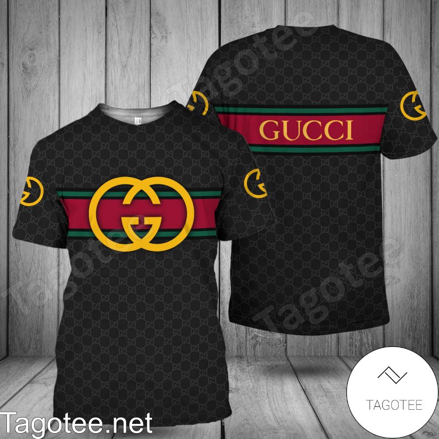 Gucci Black Monogram With Logo On Horizontal Stripes Shirt
