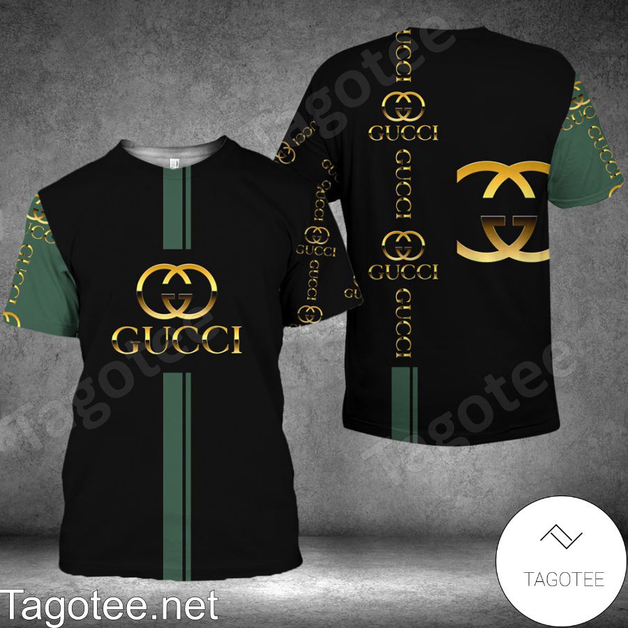 Gucci Brand Name And Logo Print Black And Green Shirt