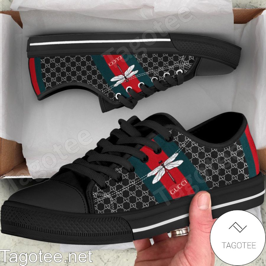 Gucci Dragonfly On Stripes Black Monogram Low Top Shoes