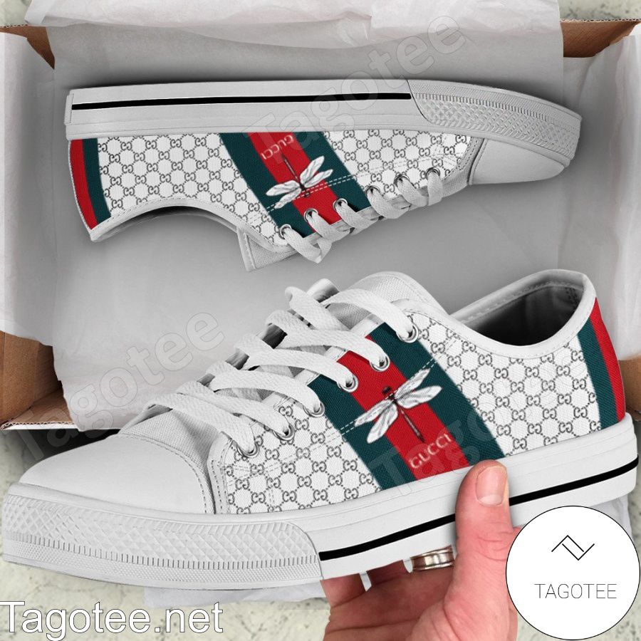 Gucci Dragonfly On Stripes White Monogram Low Top Shoes