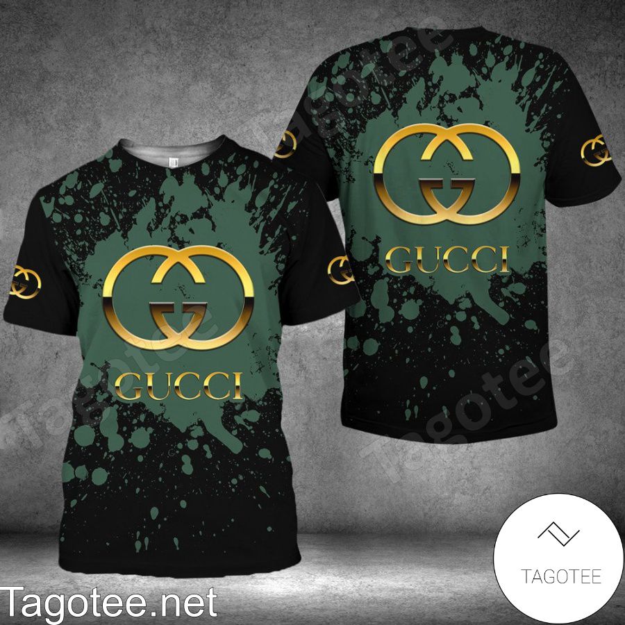 Gucci Logo Center Green Splash Black Shirt