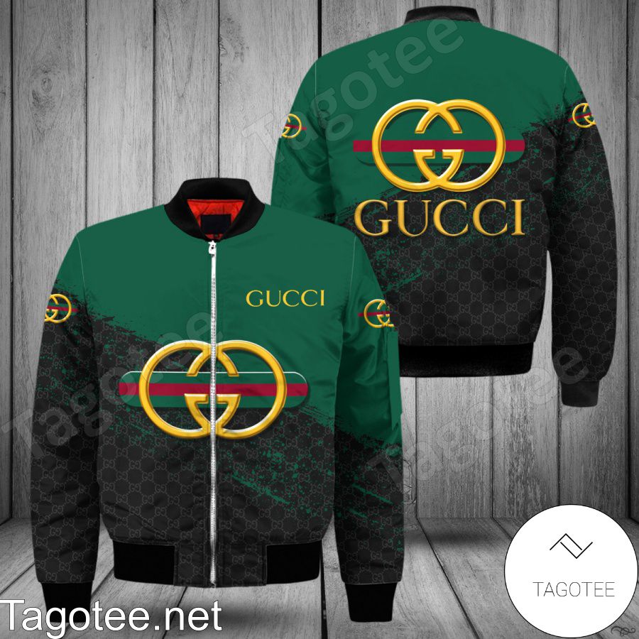 Gucci Logo Center Half Black Monogram Half Green Bomber Jacket
