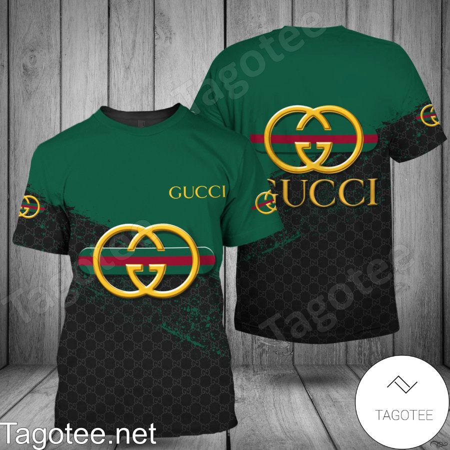Gucci Logo Center Half Black Monogram Half Green Shirt