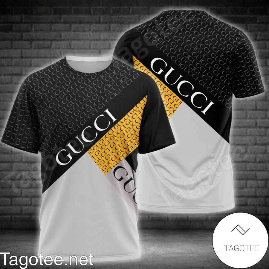 Gucci Luxury Brand Name Print Black And Grey Shirt