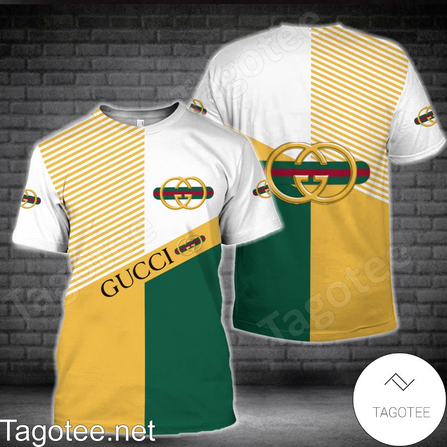 Gucci Stripe Logo White Mix Green And Yellow Shirt