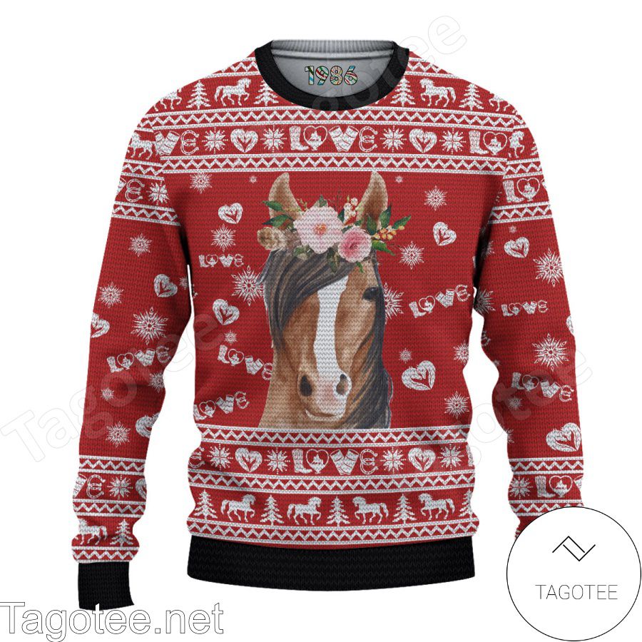 Horse Wearing A Floral Ugly Christmas Sweater - Tagotee