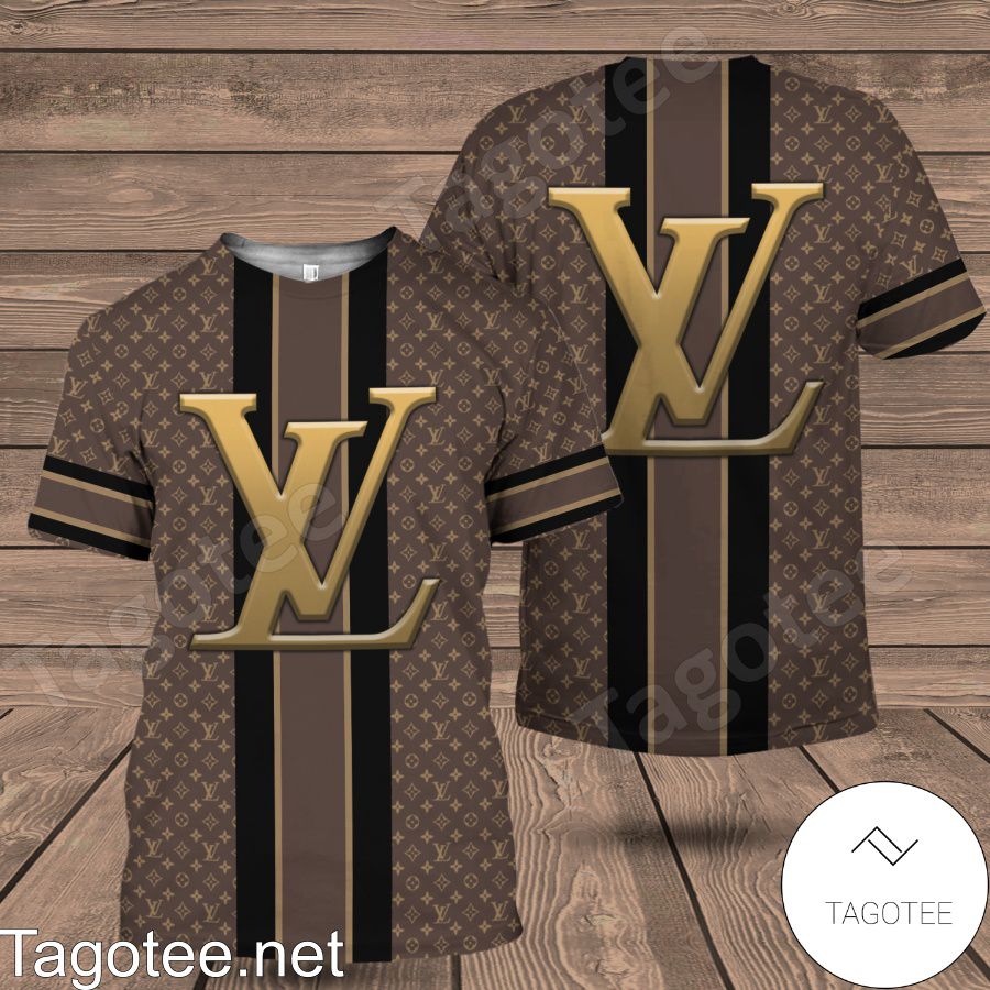 Louis Vuitton Brown Monogram With Big Logo On Vertical Stripe Shirt
