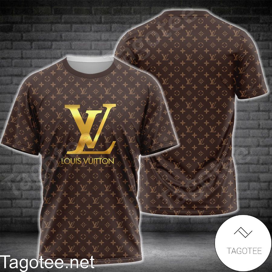 Louis Vuitton Dark Brown Monogram With Big Gold Logo Shirt - Tagotee