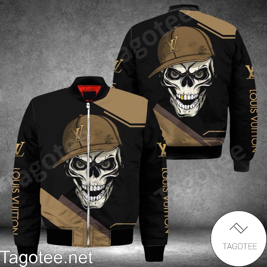 Louis Vuitton Skull Wearing Hat Black And Brown Bomber Jacket - Tagotee