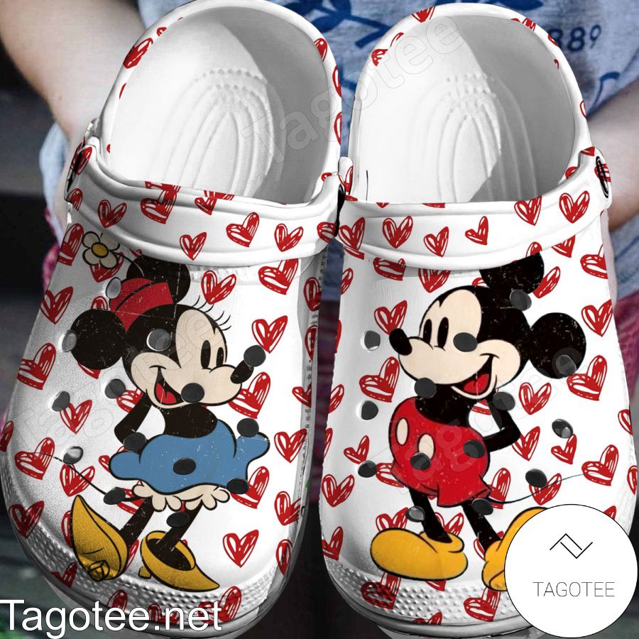 Mickey Mouse Kiss Minnie Mouse Heart On White Crocs Clogs - Tagotee