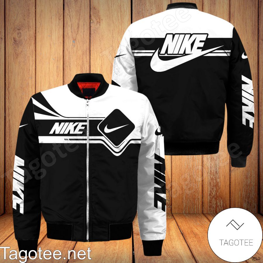 Nike Brand Logo Black Mix White Bomber Jacket