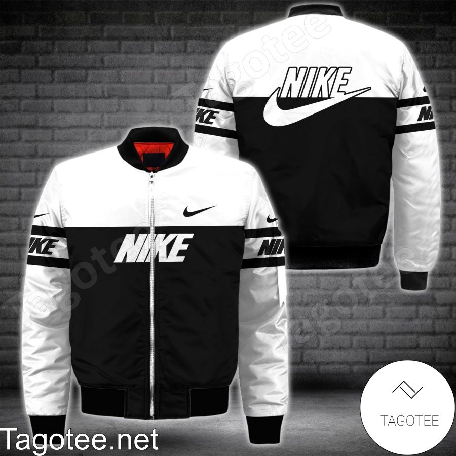 Nike Brand Logo White Mix Black Bomber Jacket