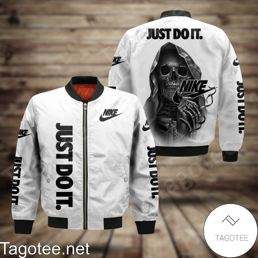 Nike Just Do It Skull Holding Logo White Bomber Jacket