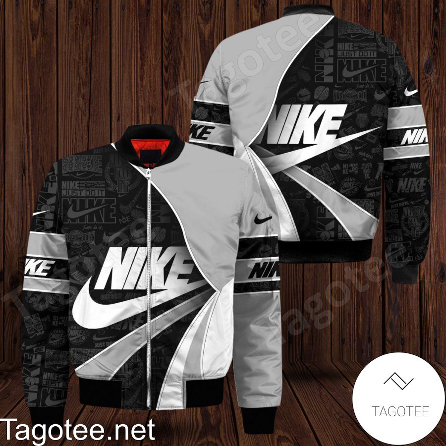 Nike Logo Print Curves Black White Grey Bomber Jacket