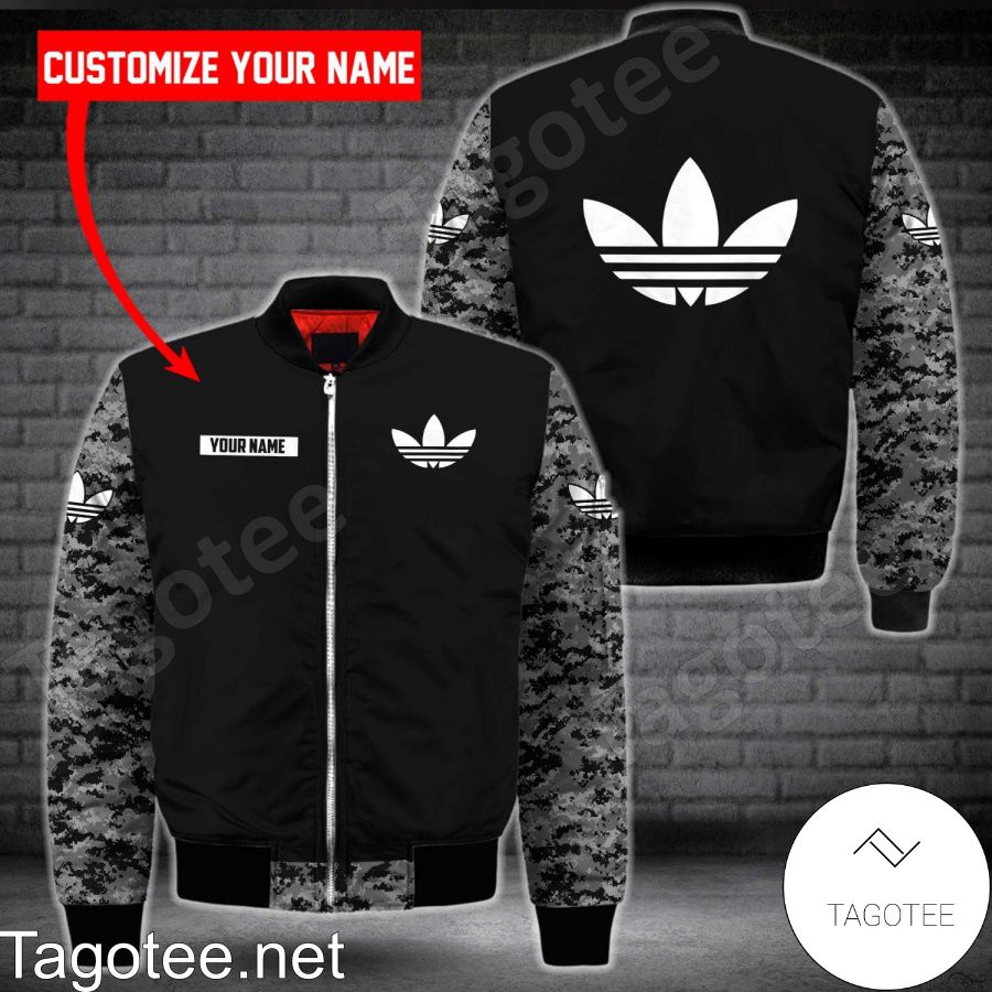 Personalized Adidas Black With Grey Camouflage Bomber Jacket