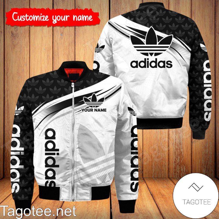 Personalized Adidas Brand Logo Print Black And White Bomber Jacket