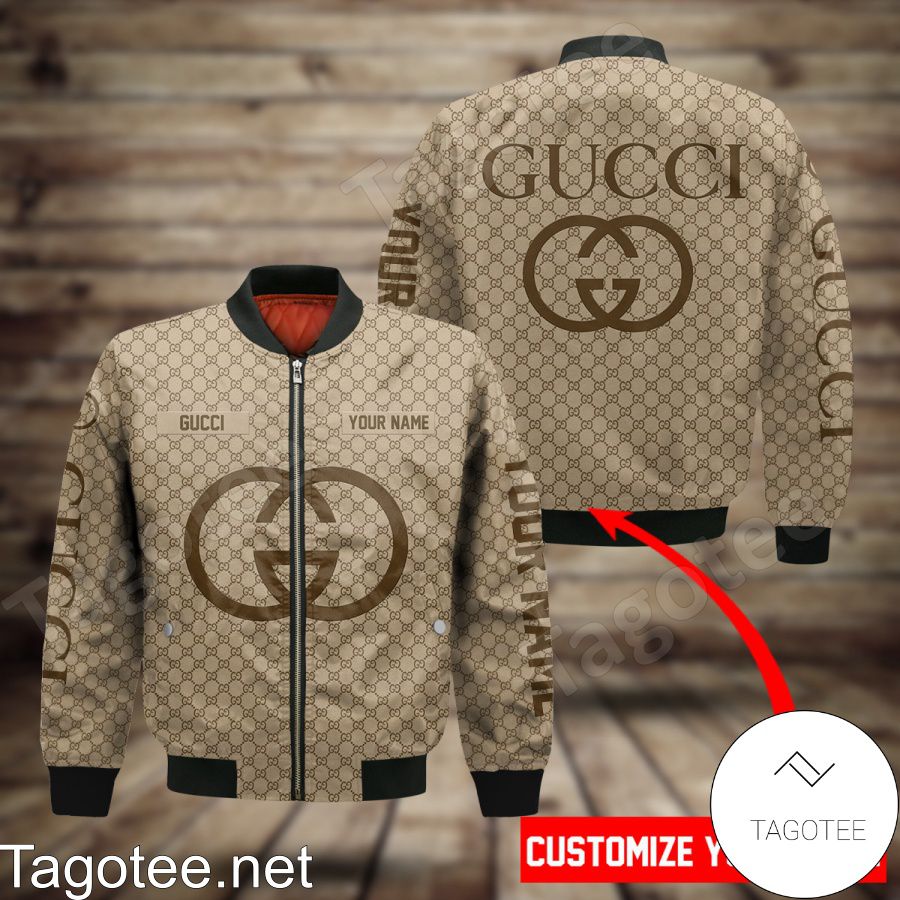 Personalized Gucci Light Brown Monogram With Big Logo Center Bomber Jacket