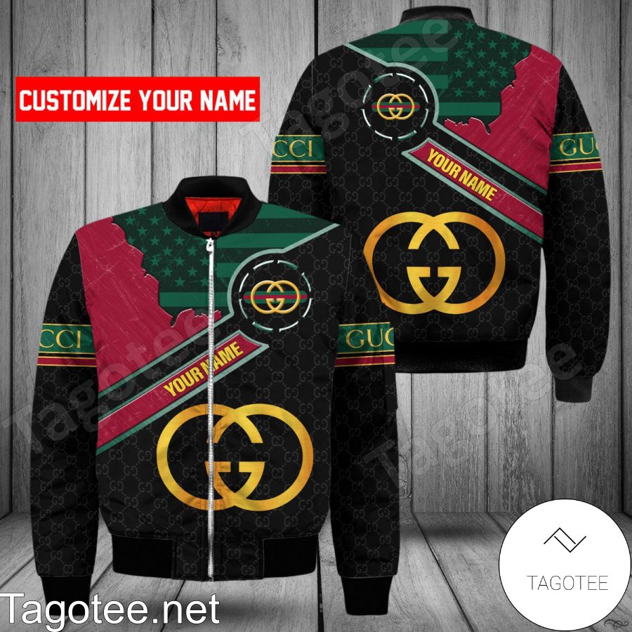 Personalized Gucci Logo Print American Flag Bomber Jacket
