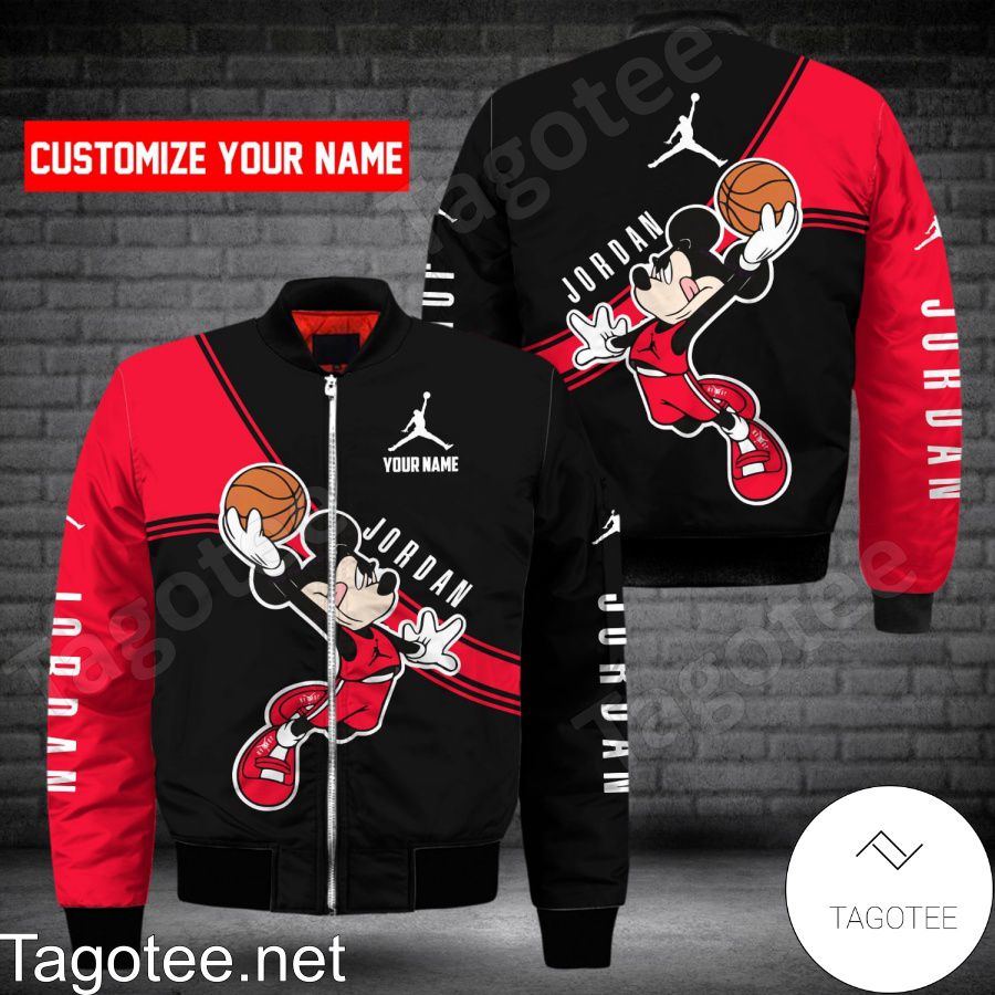 Personalized Jordan Mickey Mouse With Ball Black And Red Bomber Jacket