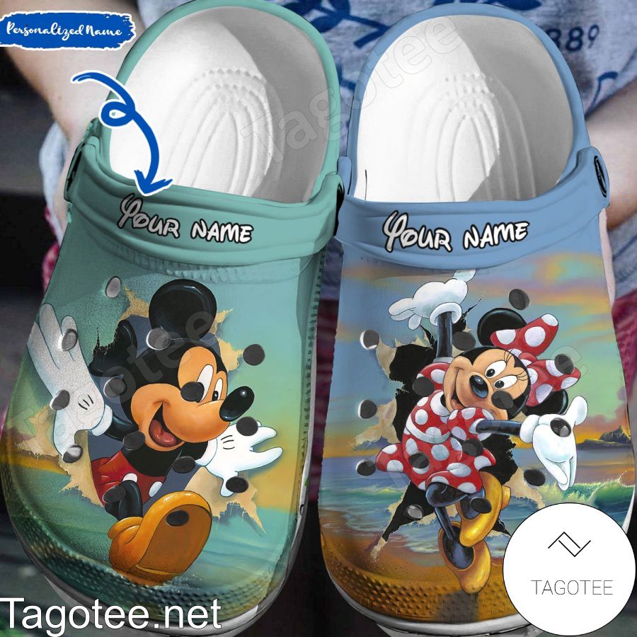 Personalized Mickey And Minnie Beach Crocs Clogs - Tagotee