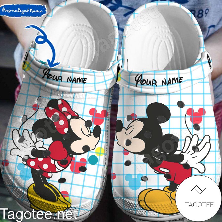 Personalized Mickey And Minnie Blue Checkered Crocs Clogs - Tagotee