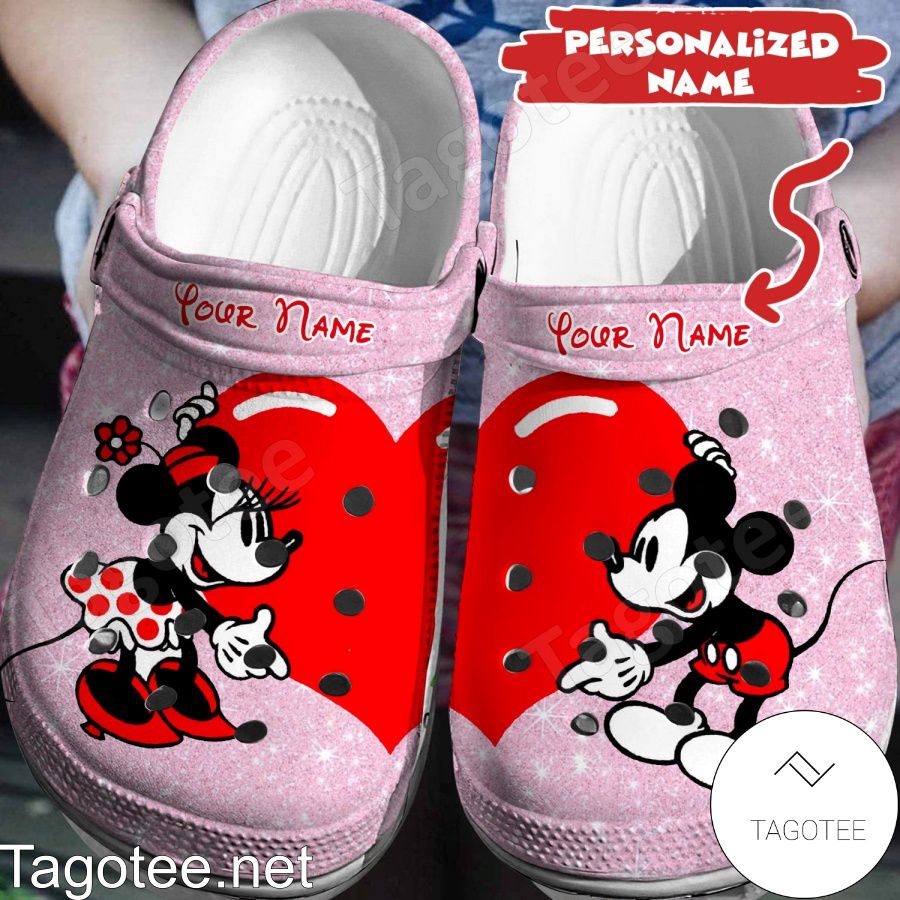 Personalized Mickey And Minnie Red Heart Pink Glitter Crocs Clogs - Tagotee