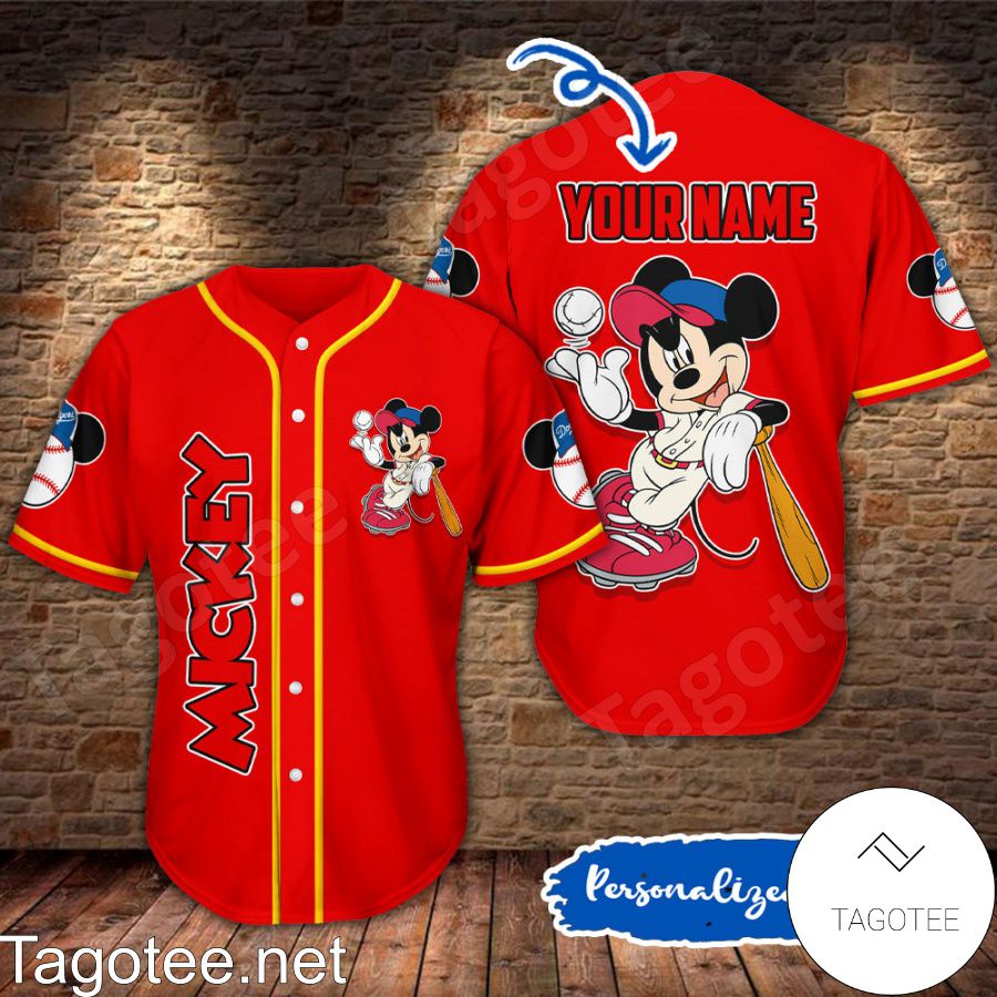 Personalized Mickey Playing Baseball Red Baseball Jersey