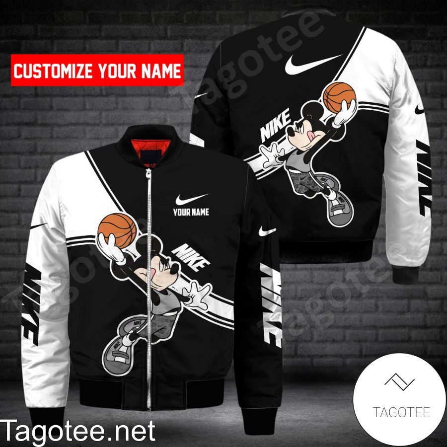 Personalized Nike Mickey Mouse With Ball Black And White Bomber Jacket