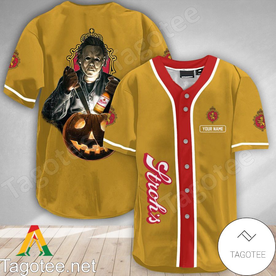 Personalized Scary Michael Myers Pumpkin Stroh's Beer Baseball Jersey