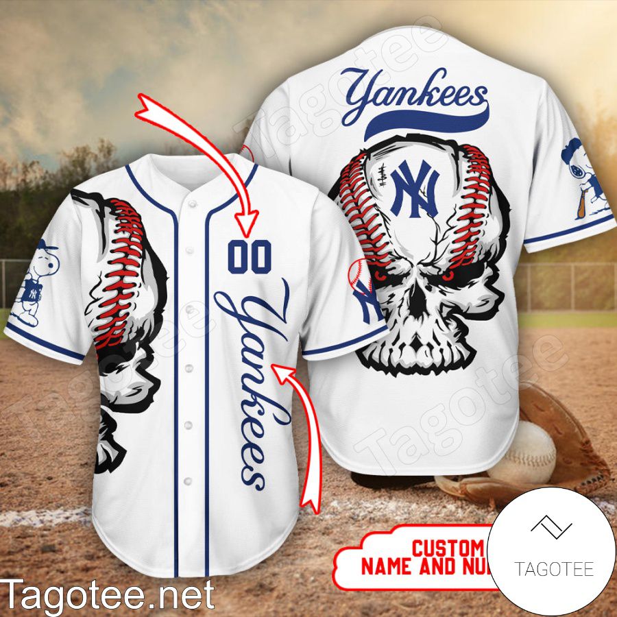 Personalized Skull Yankees Snoopy White Baseball Jersey - Tagotee