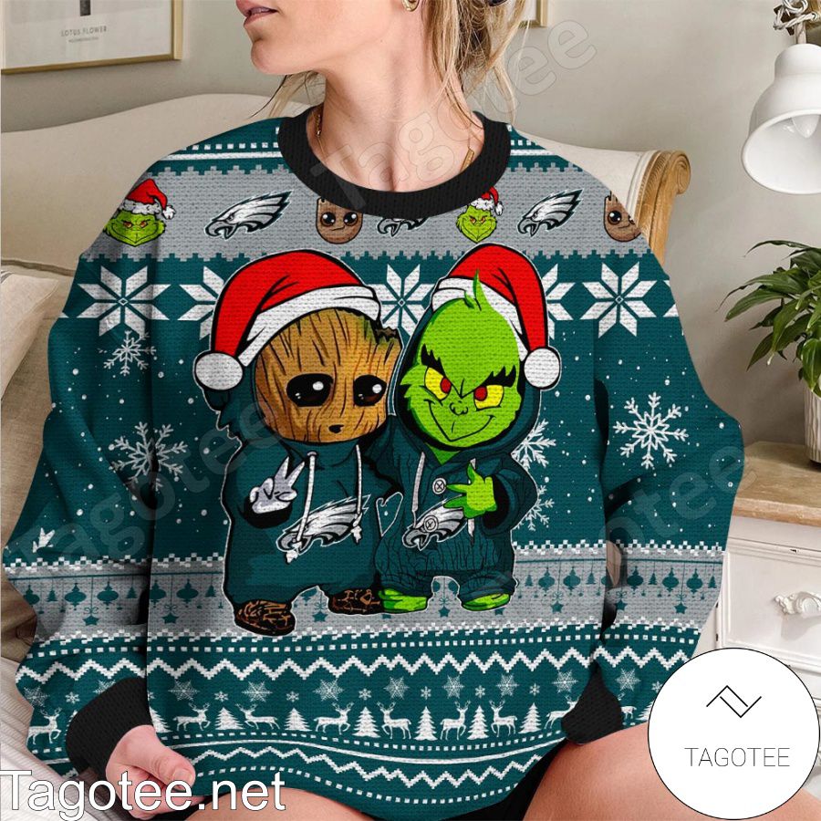 Philadelphia Eagles Baby Groot And Grinch NFL Ugly Christmas Sweater -  Tagotee