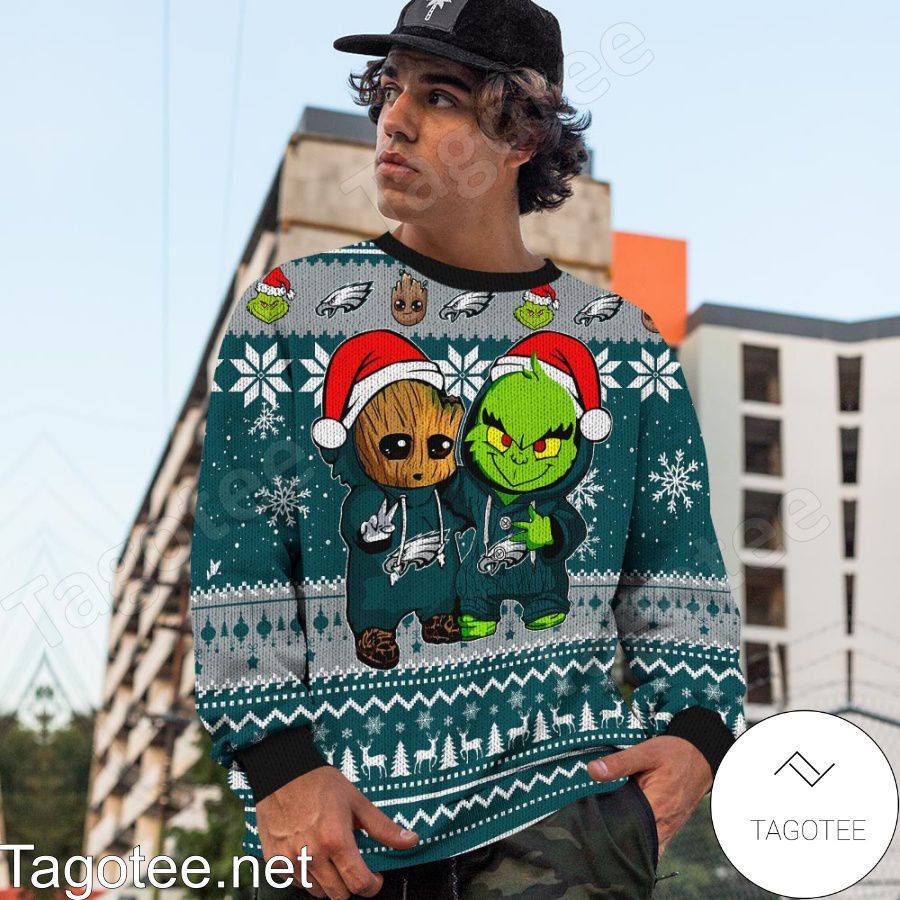 Philadelphia Eagles Baby Groot And Grinch NFL Ugly Christmas Sweater -  Tagotee