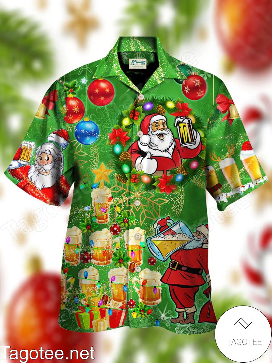 Santa Drinking Beer Christmas Green Hawaiian Shirt - Tagotee