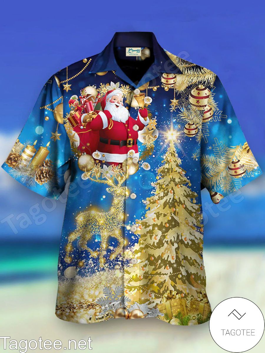 Santa Reindeer And Christmas Tree Hawaiian Shirt - Tagotee