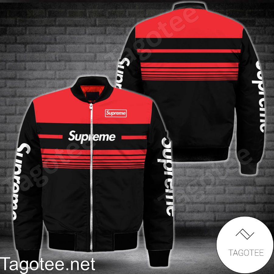Supreme Luxury Black With Red Horizontal Stripes Bomber Jacket