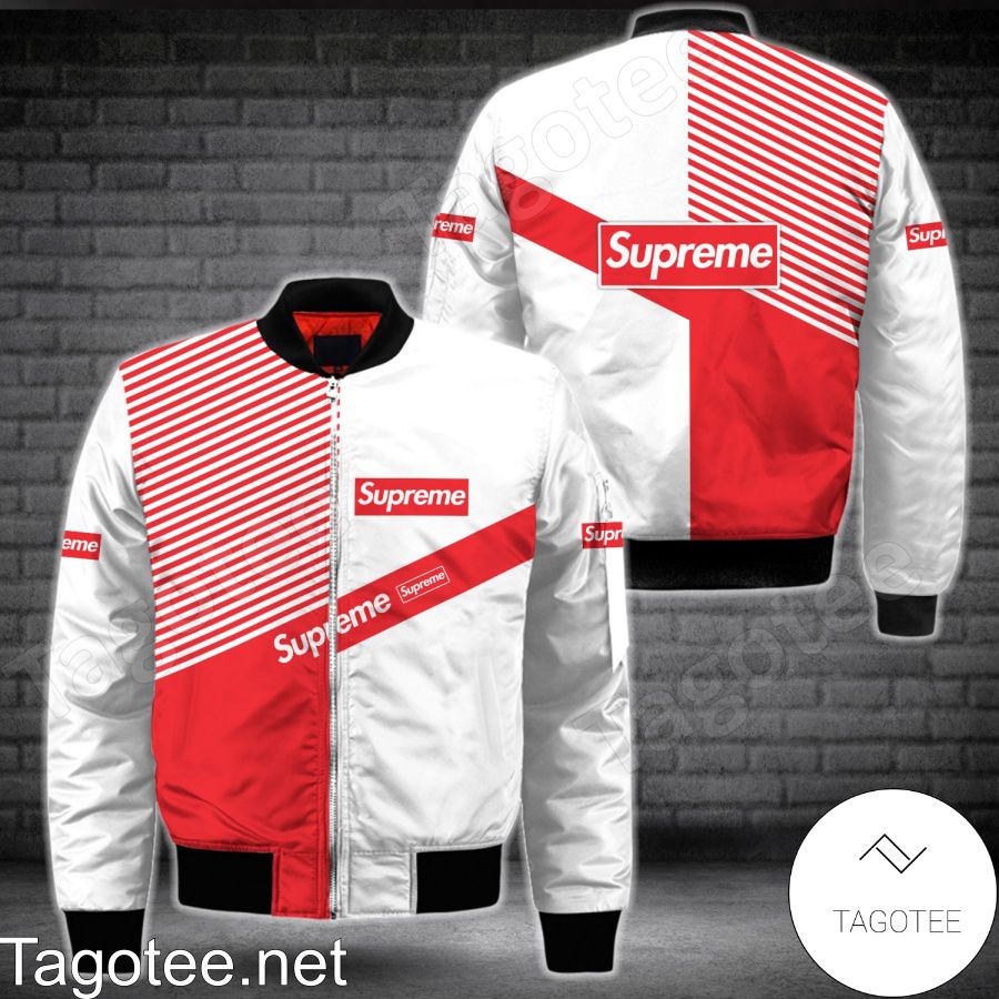 Supreme Red And White With Diagonal Stripes Bomber Jacket