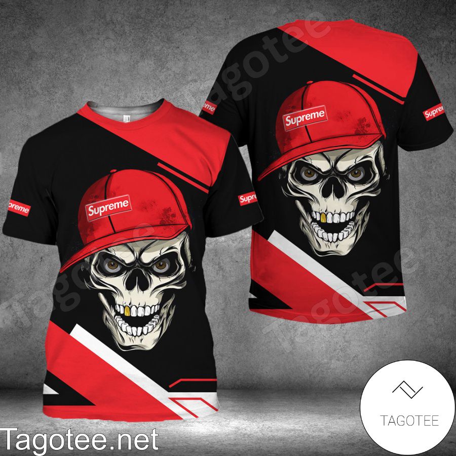 Supreme Skull Wearing Hat Black And Red Shirt