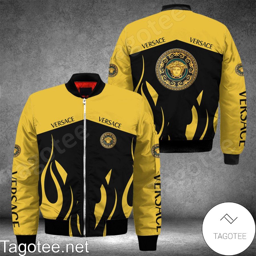 Versace Fire Pattern Black And Yellow Bomber Jacket